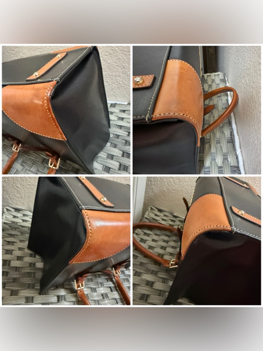 Dooney & Bourke Black Janine Leather Satchel Tan Trim Colorful Chevron Lining - Picture 4 of 16